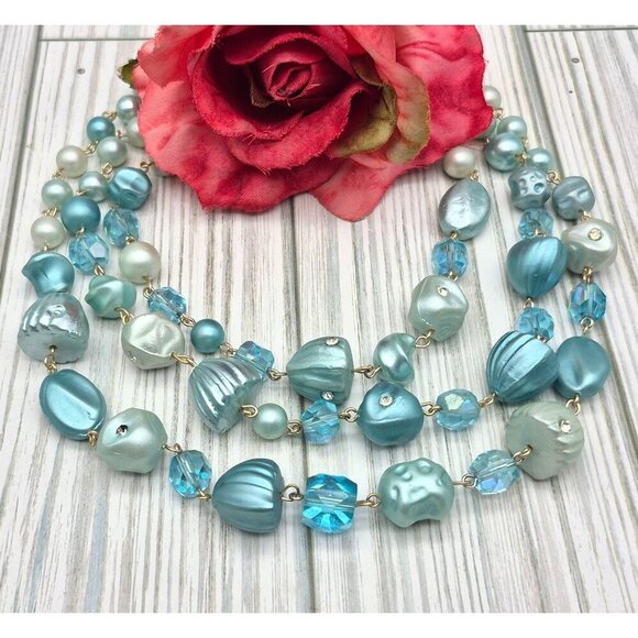 Vintage Aqua Blue Multistrand Collar Necklace Japan Signed Hook Clasp Crystals - Picture 1 of 9